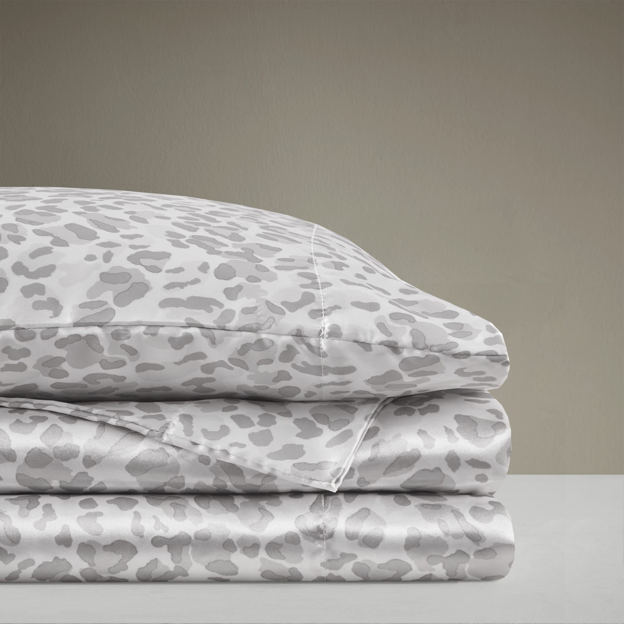 Madison Park Essentials Satin Sheet Set Luxury And Silky With Natural Sheen, Elastic 14' Pocket Fits Up To 16' Mattress, All Around Elastic - Year-Round Bedding, Queen Grey Leopard 4 Piece
