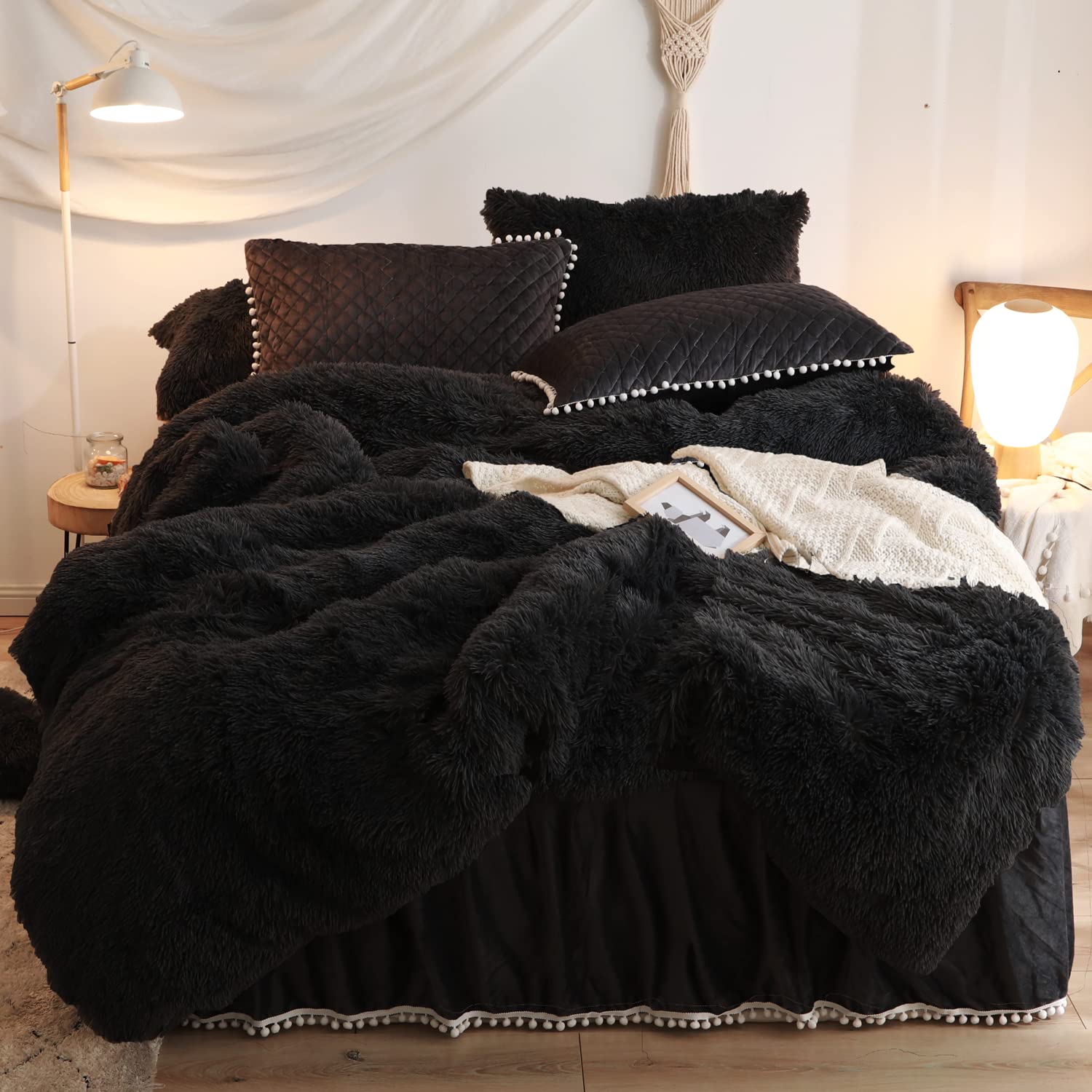 Haihua Luxury Plush Shaggy Duvet Cover Set,Queen Black Comforter Cover Sets 3 Pieces(1 Faux Fur Duvet Cover +2 Faux Fur Pillowca