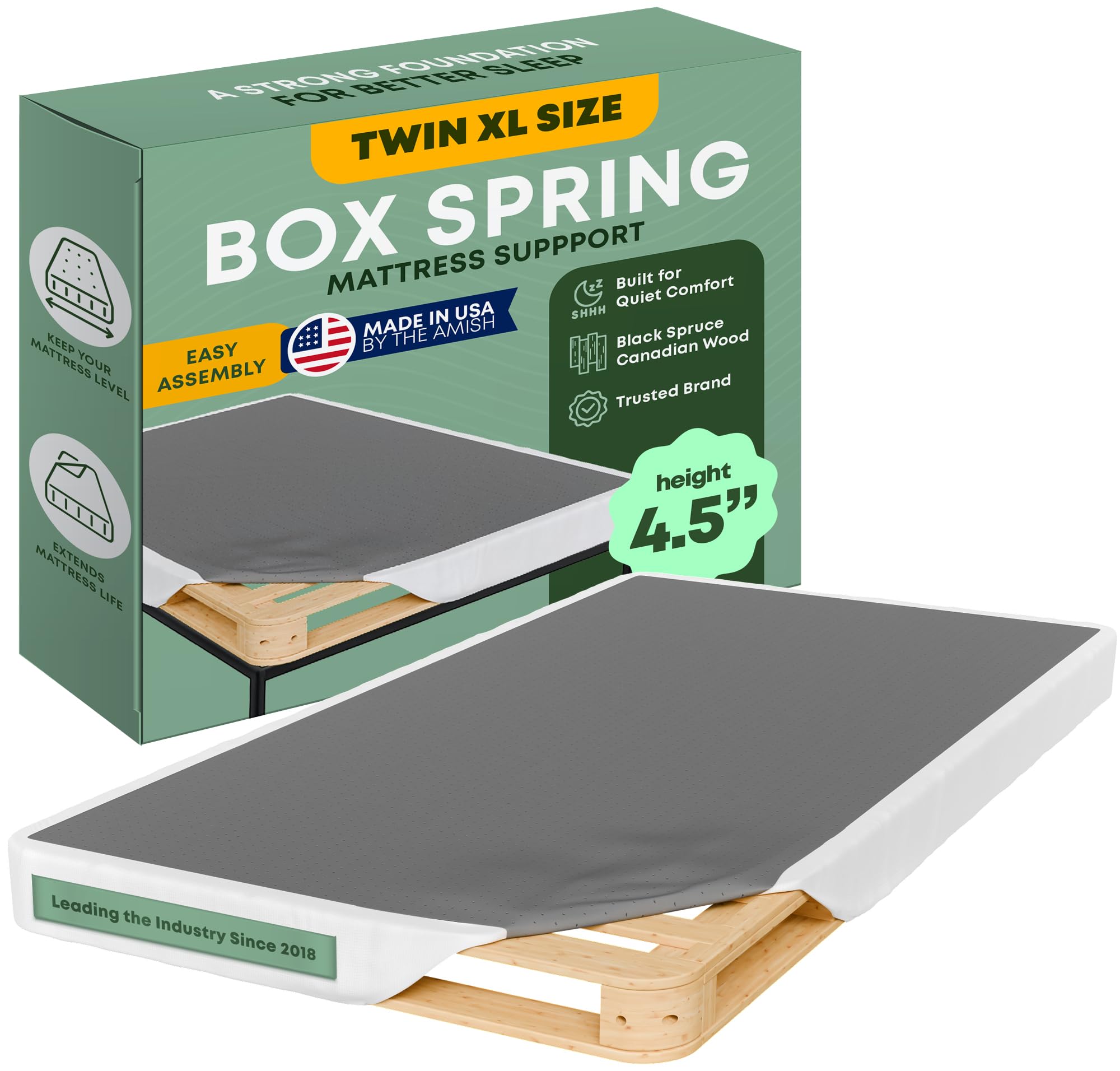Greaton, Unassembled Twin XL Bed Inch Wood Box Spring Only - Amish Made in USA - Quiet Noise-Free Replacement Mattress Packed Fl