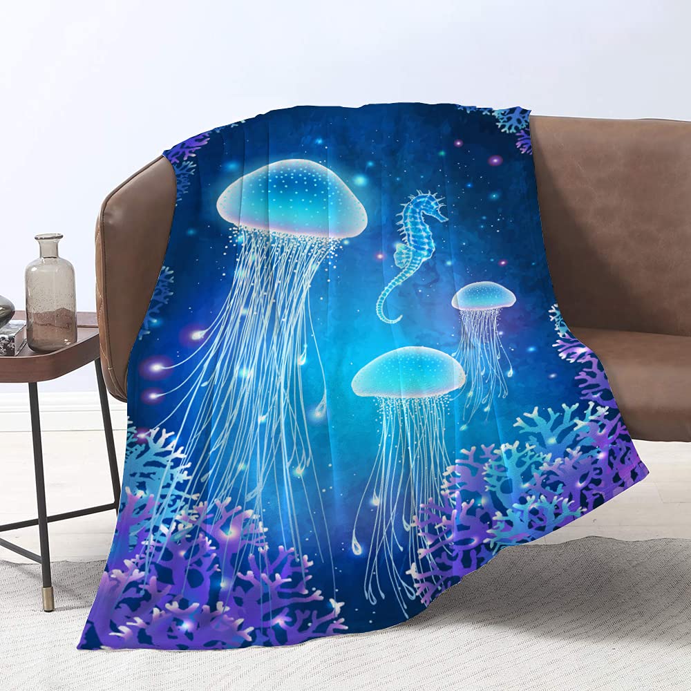 Duise Soft Flannel Throw Blanket Magic Glowing Jellyfish Underwater All Season Warm And Cozy Quilt Blanket For Bed Sofa Couch Li