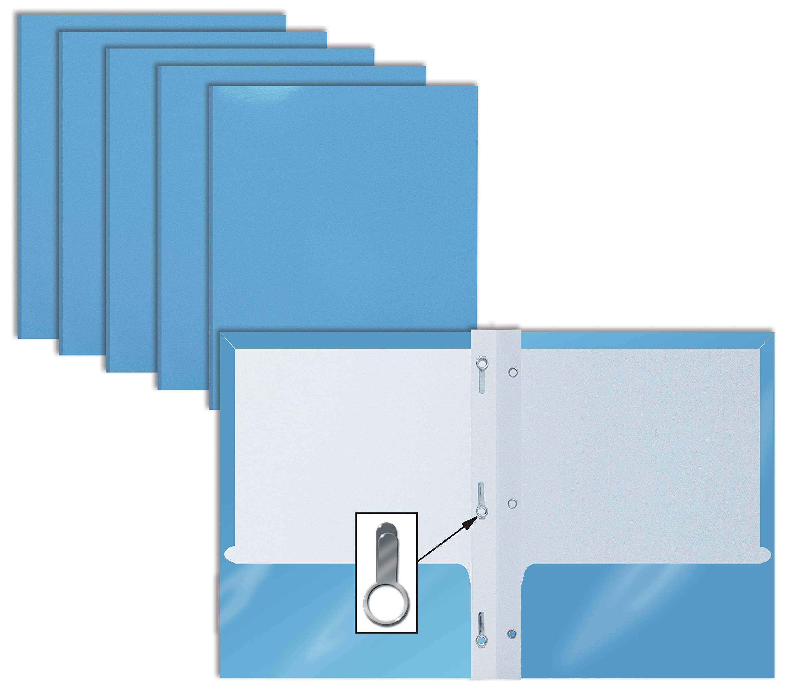 Better Office Products 2 Pocket Glossy Light Blue Paper Folders With Prongs, 25 Pack, Letter Size, High Gloss Light Blue Paper P