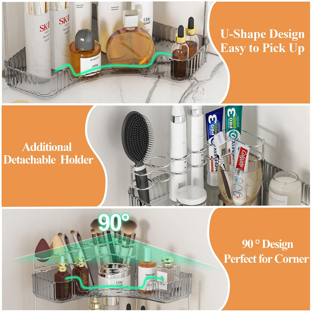 Sunzos Modern 3-Tier Bathroom Organizer, Corner Makeup Storage With Brush Holder, Acrylic Vanity Organizer, Large Capacity Count