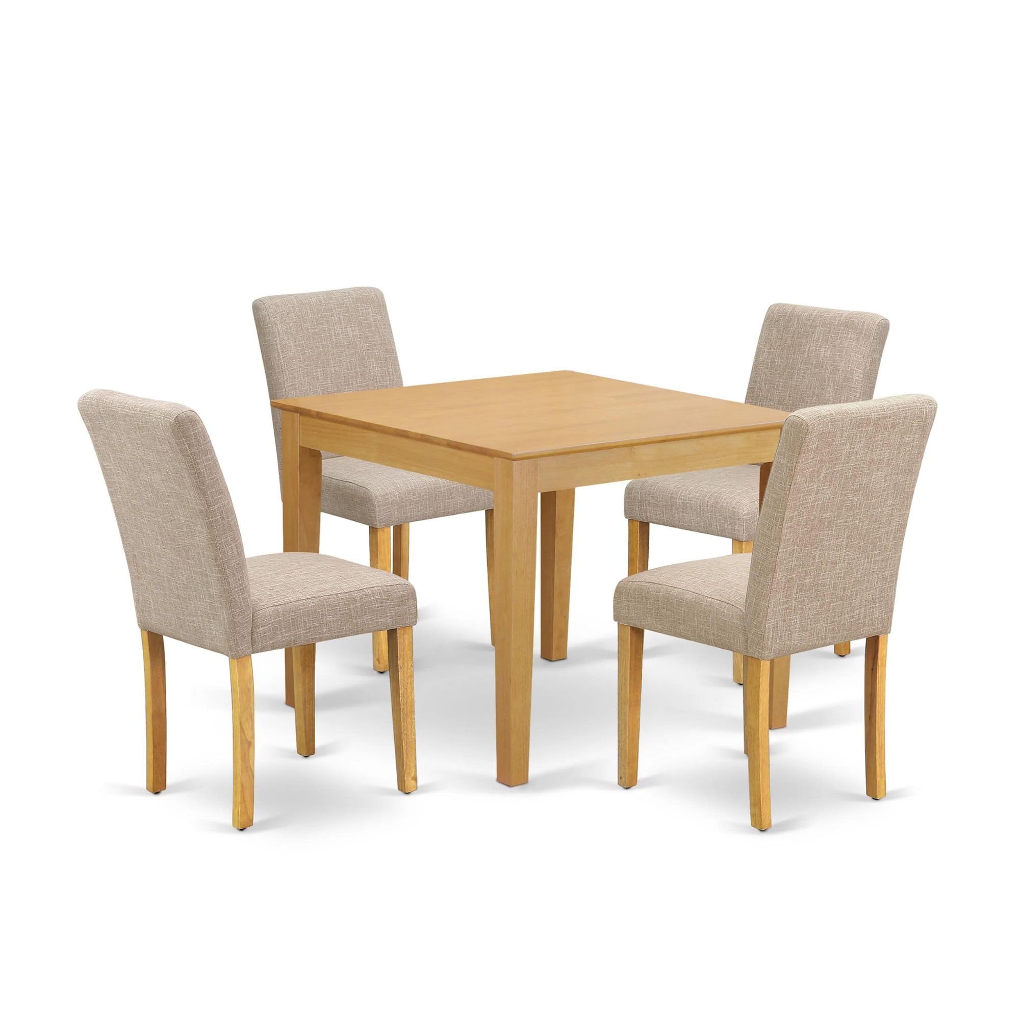 East West Furniture Oxab5-Oak-04 5 Piece Dining Table Set For 4 Includes A Square Kitchen Table And 4 Light Tan Linen Fabric Parsons Dining Chairs, 36X36 Inch, Oak