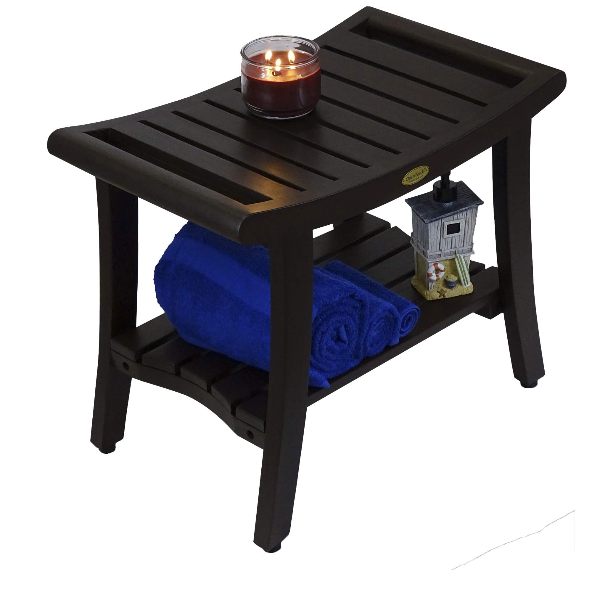 HomeRoots Contemporary Teak Shower Bench with Shelf and Handles in Brown Finish