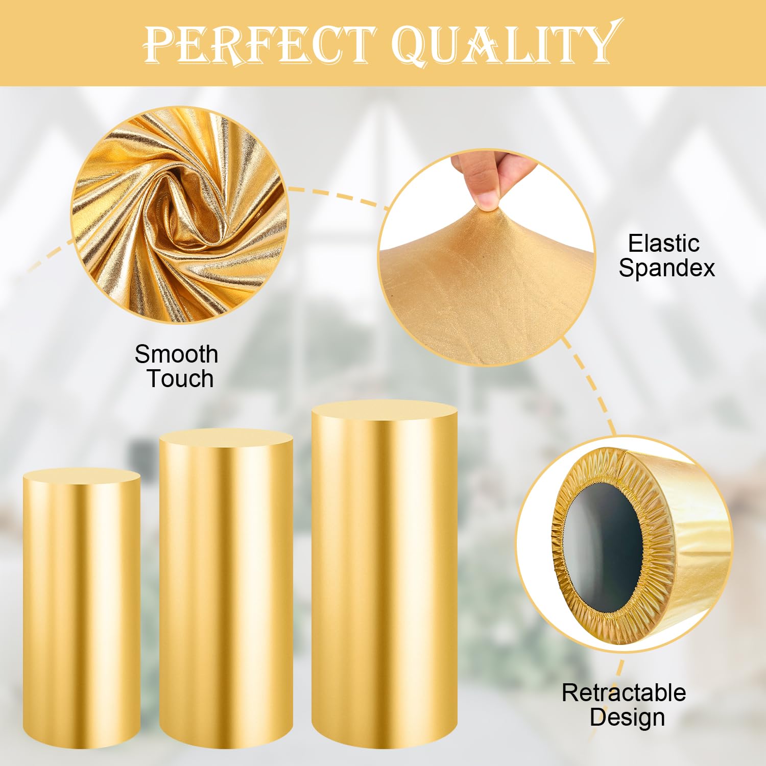 Saitimade Set Of 3 - Gold Cylinder Pedestal Stand Covers, Flexible Cylinder Stand Covers For Party, Wedding Or Birthday Event De