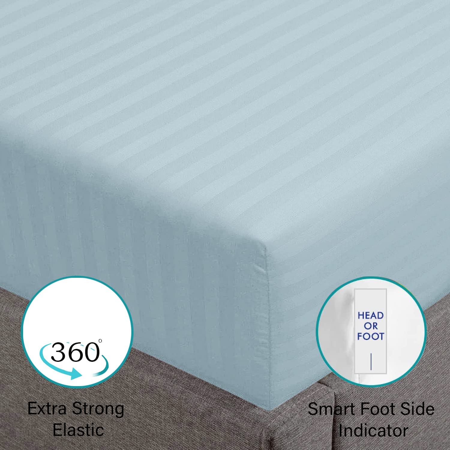 Feather & Stitch 100% Cotton 1 Piece Damask Stripe California King Fitted Sheet 500 Thread Count Aqua 18 Inch Extra Deep Pocket Luxury Sateen Weave Stretchable Boxer Elastic Fits Mattress Perfectly