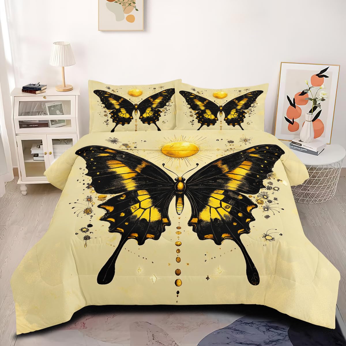 Ccoutuechen Boho Hippie Comforter Set King Size For Women Black Butterfly Comforter Sun And Moon Bedding Set For Girls Bedroom D