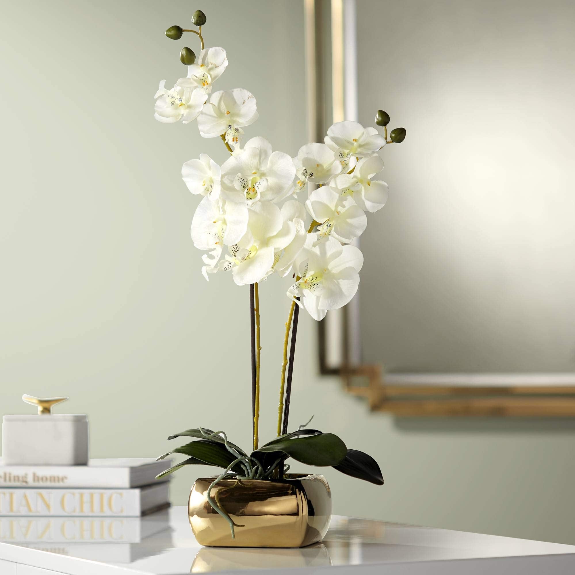 Dahlia Studios Potted Silk Faux Artificial Flowers Realistic White Phalaenopsis Orchid Greenery in Gold Ceramic Pot for Home Dec