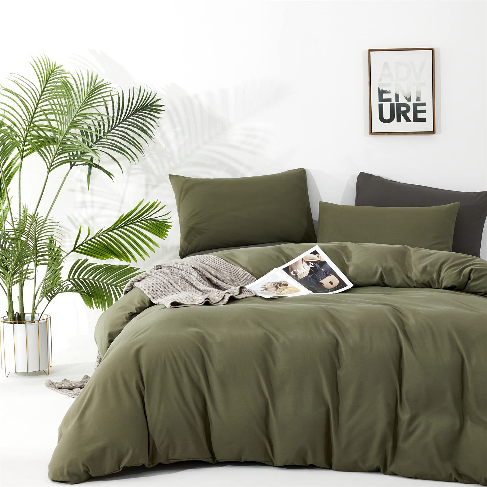 Karever Olive Green Comforter Set Cal King Size Solid Green Comforter 3 Pieces Soft Dark Green California King Comforter Bedding
