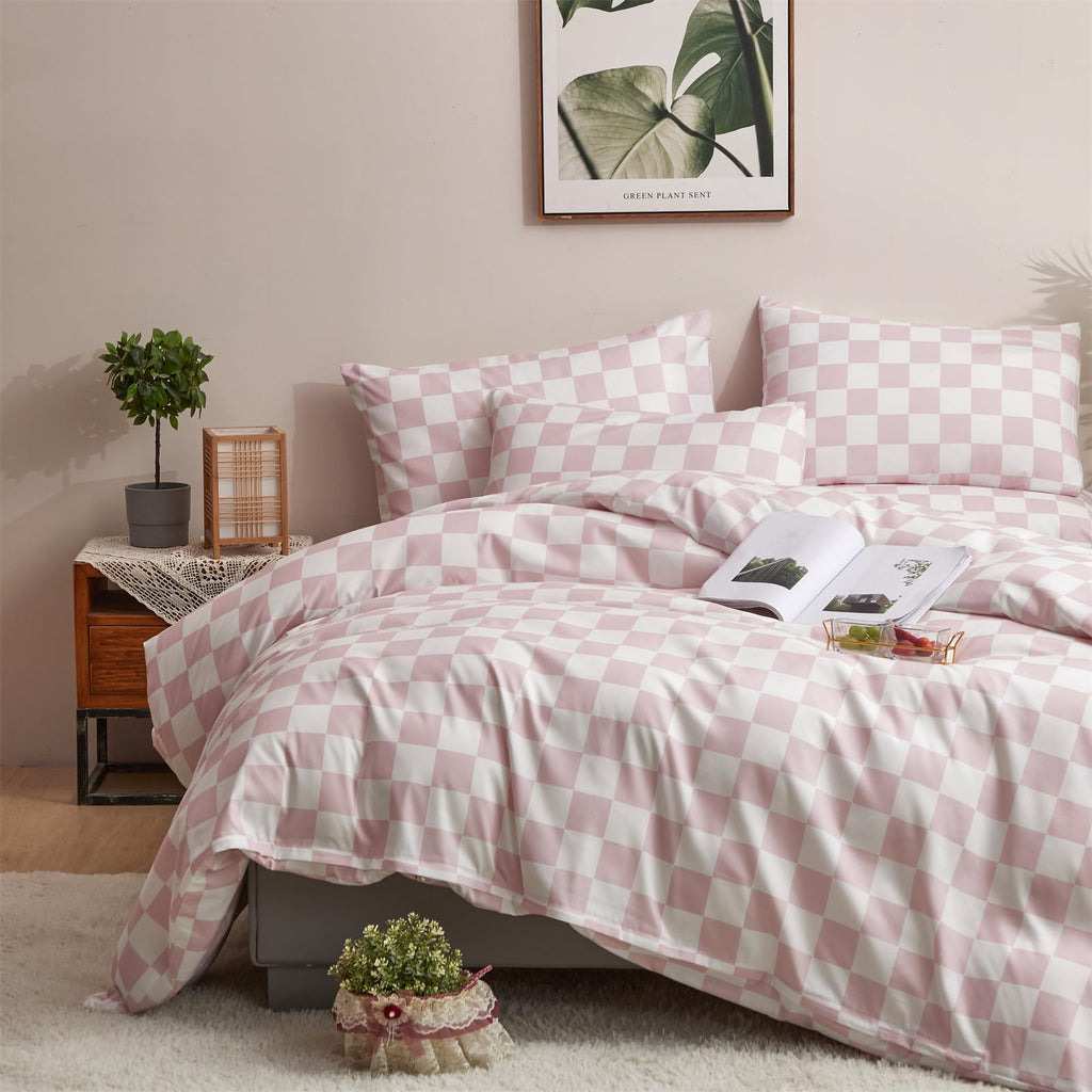 Clothknow Pink Plaid Comforter Set Full 3Pcs Pink White Bedding Comforter Sets Grid Comforter Full Geometric Comforter Soft Checker Full Size Comforter Sets