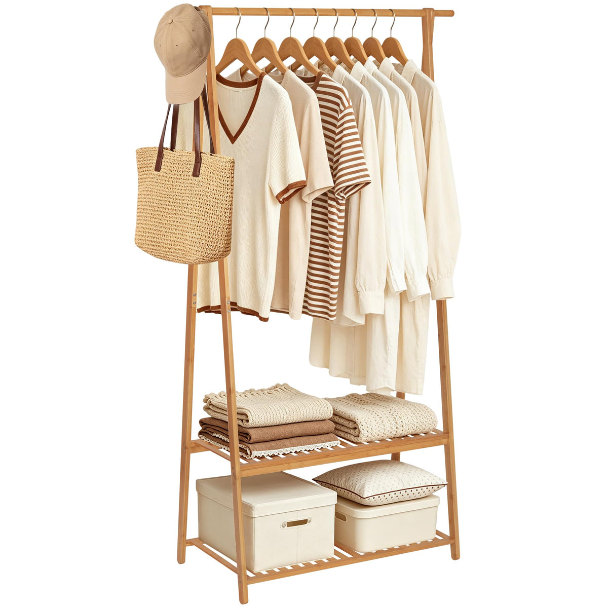 Bamboo Clothing Rack with Shelves, Wood Garment Rack for Hanging Clothes