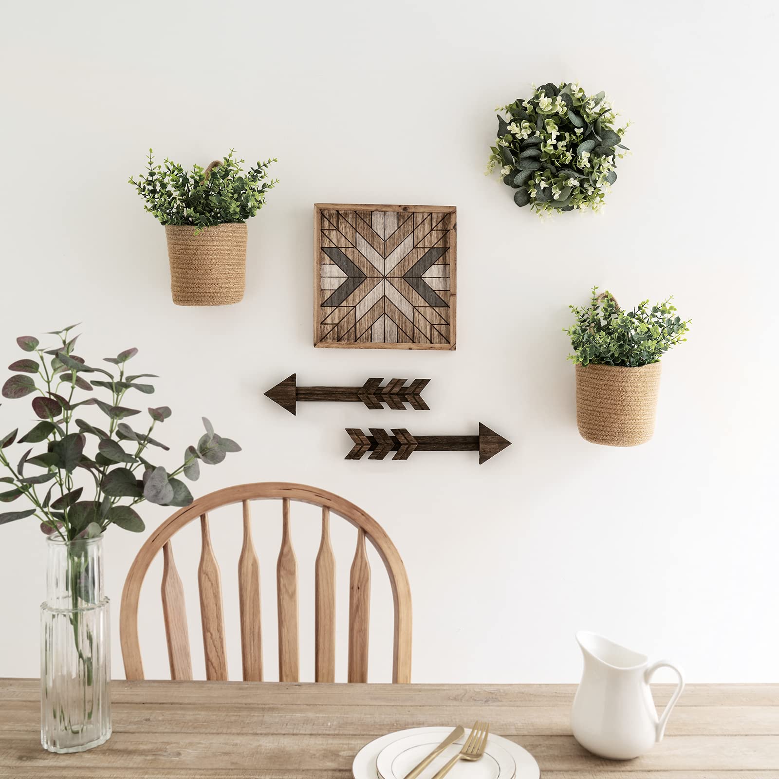 Dahey 2 Pack Wall Hanging Rope Basket With Artificial Eucalyptus Farmhouse Decor, Jute Woven Storage Organizer Flower Plants Bas