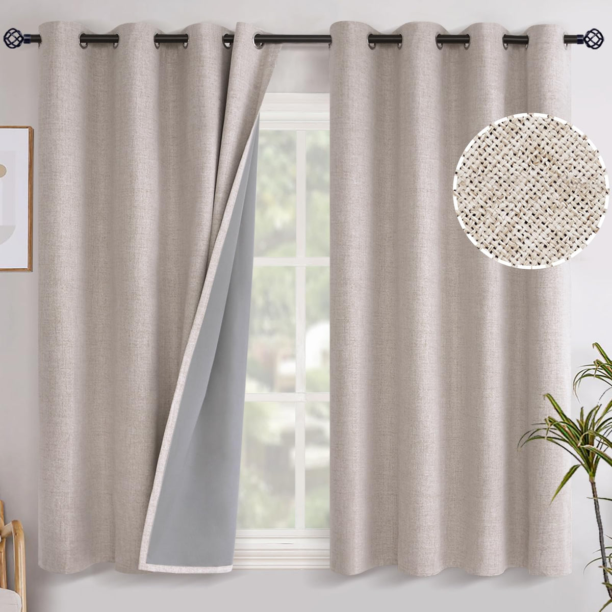 Youngstex Linen Blackout Curtains 54 Inches Length For Short Window, Grommet Full Room Darkening Linen Textured Window Drapes Fo
