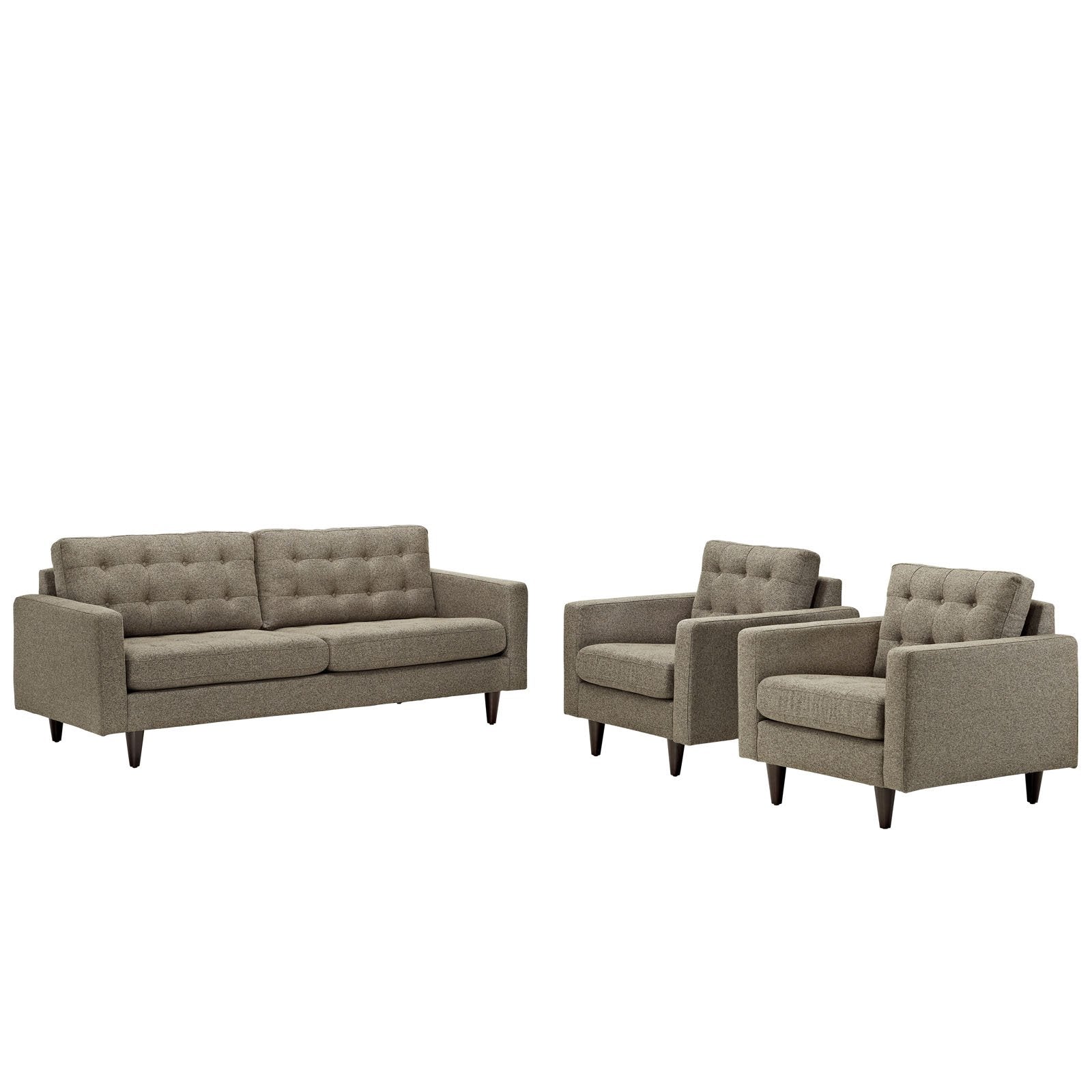 Modway Empress Mid-Century Modern Upholstered Fabric Sofa And Two Armchair Set In Oatmeal