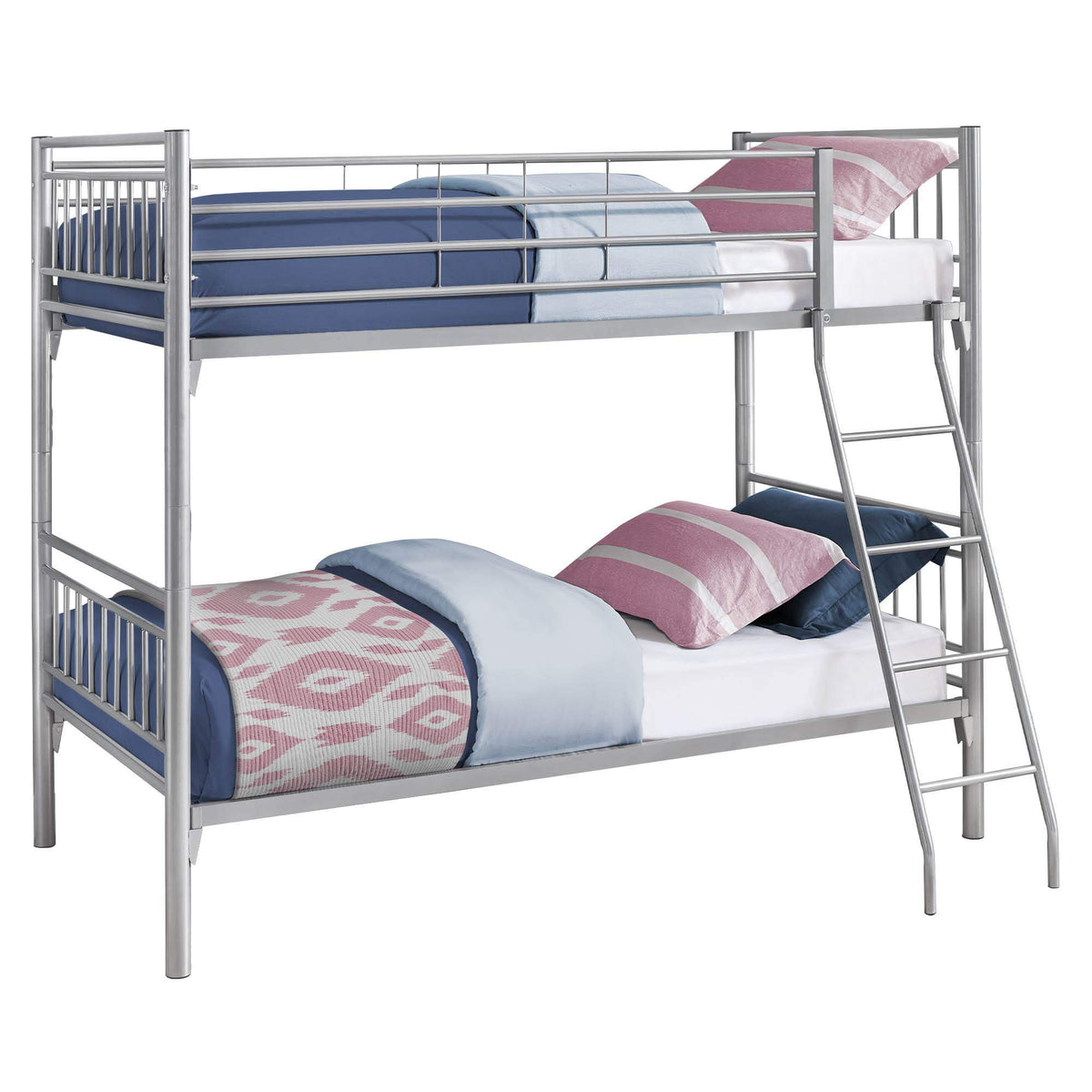 Monarch Specialties Detachables Twin Kids Bed With Stairs And Safety Rail Sturdy Metal Frame Bunk, 66&quot; H, Silver