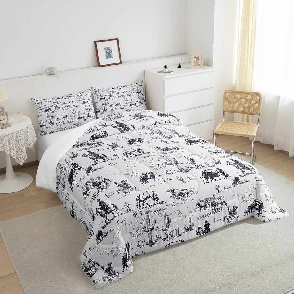 Feelyou Western Comforter Set Twin Size, White And Black Cowboy Cow Bedding Set Cowboy Comforter Desert Cactus Duvet Set Soft Be