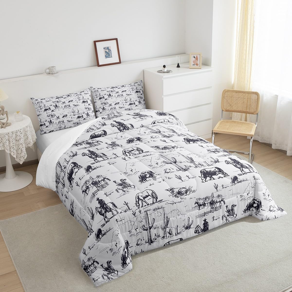 Feelyou Western Comforter Set Twin Size, White And Black Cowboy Cow Bedding Set Cowboy Comforter Desert Cactus Duvet Set Soft Be