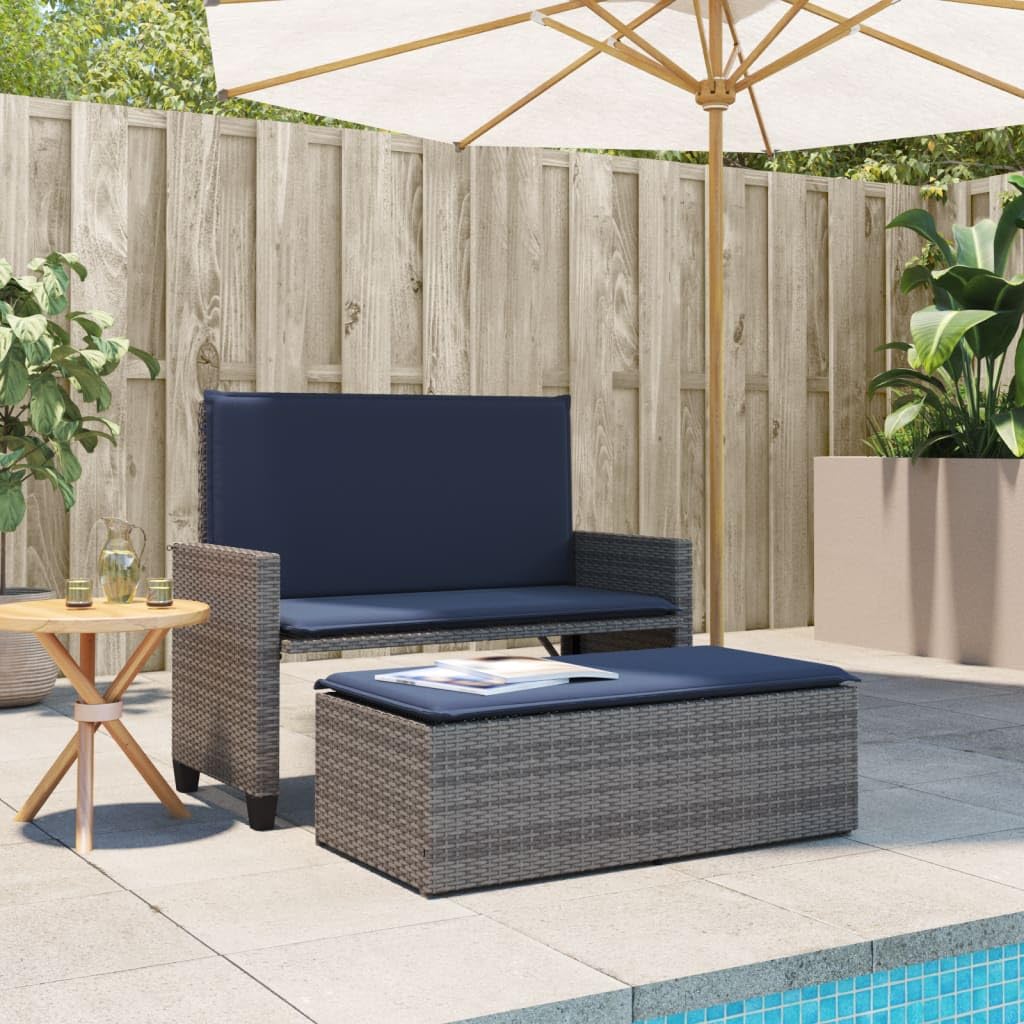 vidaXL Patio Bench with Cushions and Footstool ?Outdoor Loveseat Sofa Bed, Gray Poly Rattan ?Garden, Patio, Deck Furniture