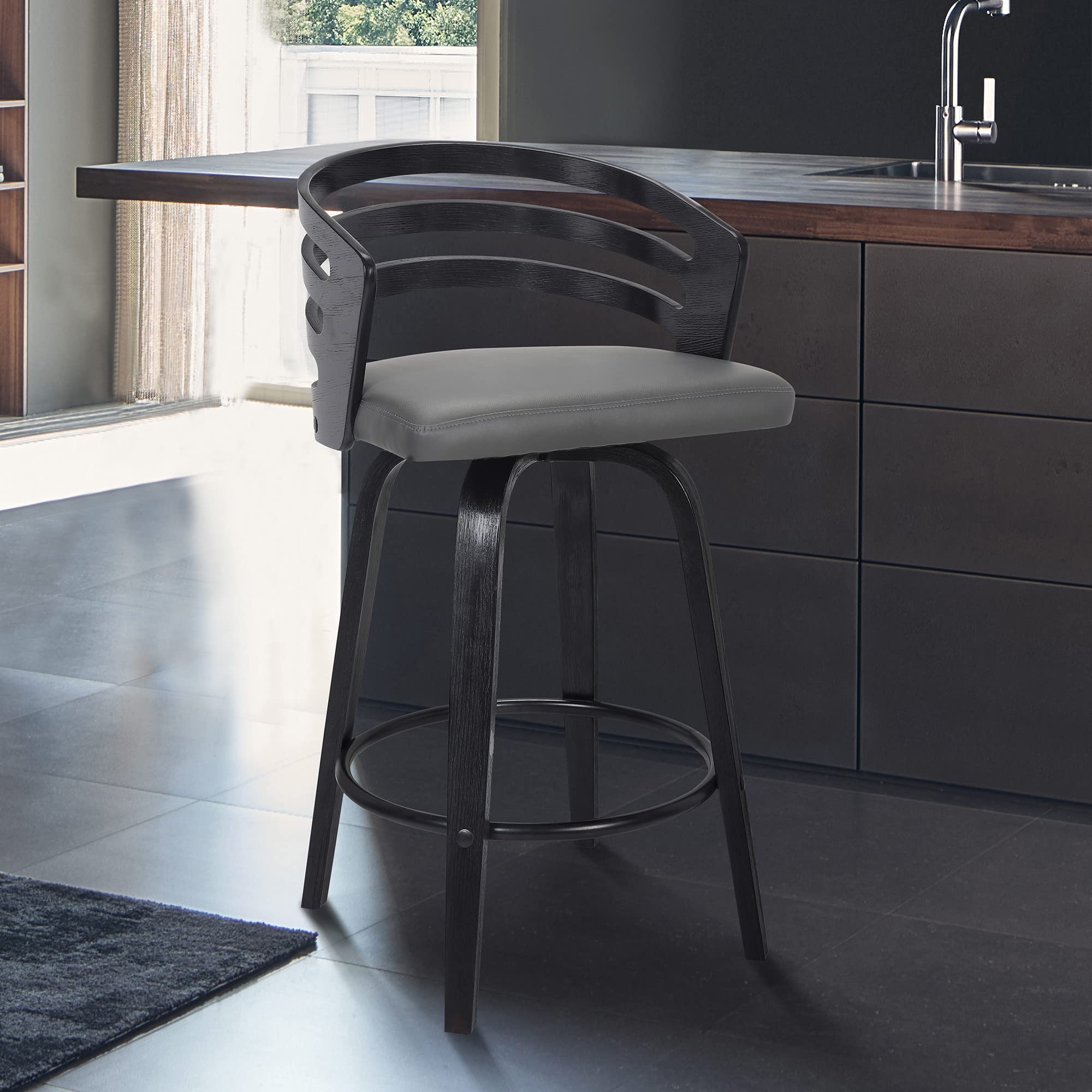 HomeRoots 30â€ Gray Modern Faux Leather Swivel Bar Stool