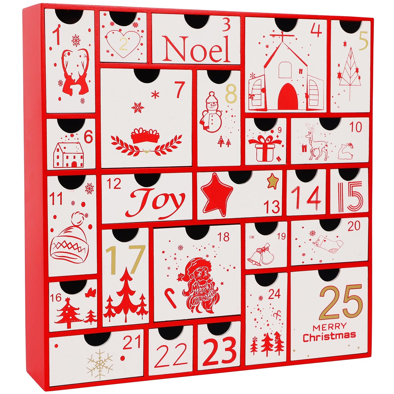 Juegoal Red Advent Calendar, 11.8 Inch Christmas Wooden Advent Calendar with 25 Large Drawers, Christmas Countdown Calendar 2024