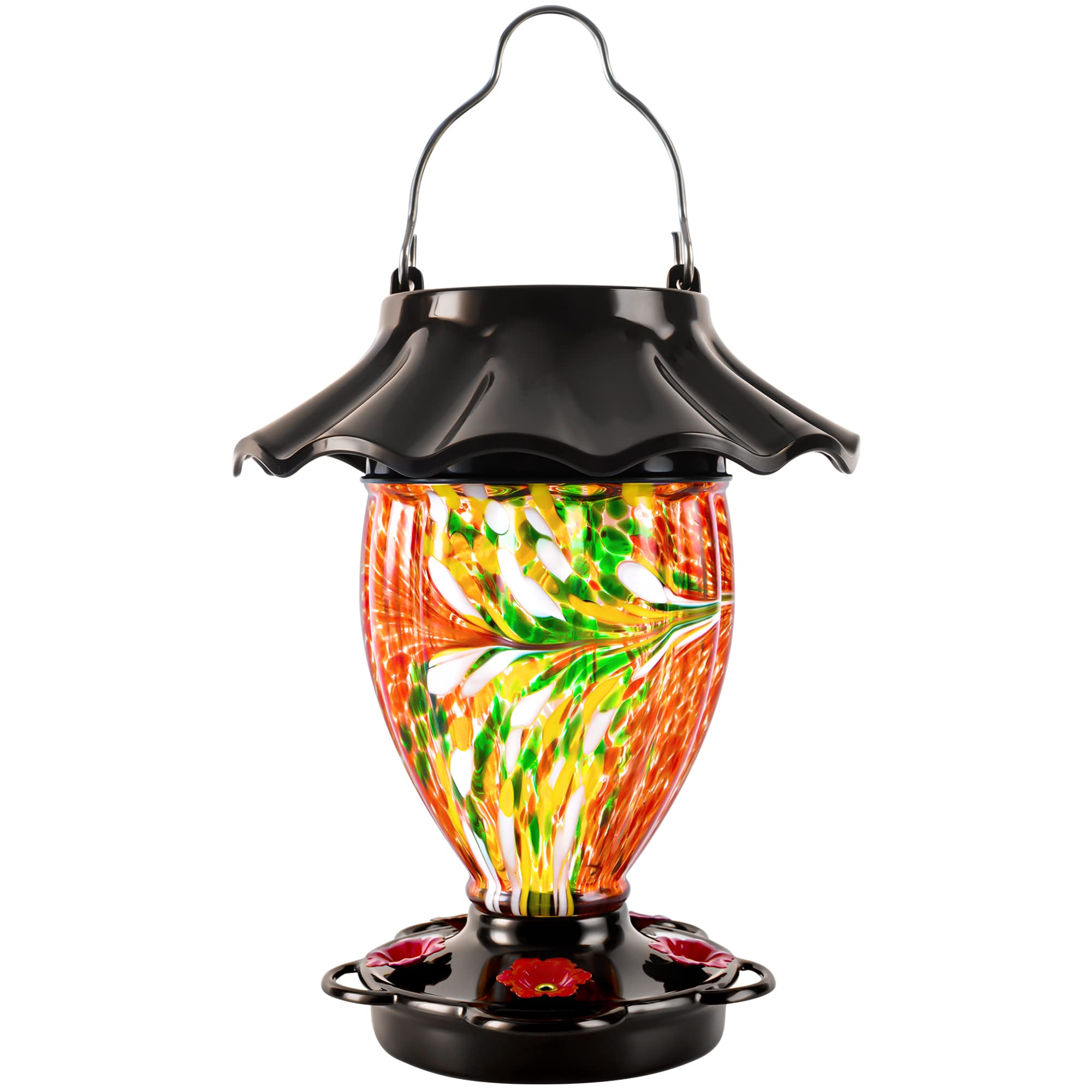 Lujii Solar Hummingbird Feeder For Outdoors Hanging With Color Changing, Hand Blown Glass Reservoir, 32 Fl.Oz, Never Leak, Light