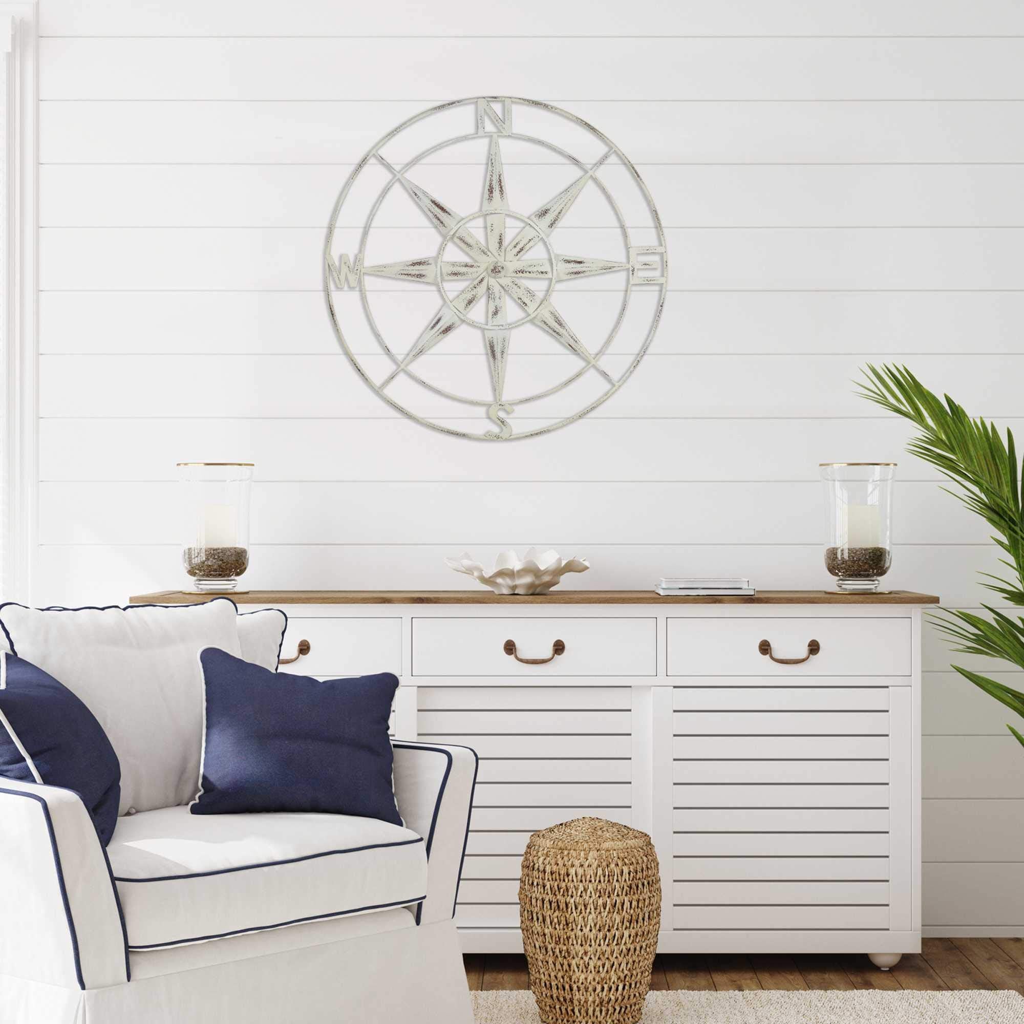 HomeRoots 100% Metal Nautical Compass Metal Wall Decor with Distressed White Finish