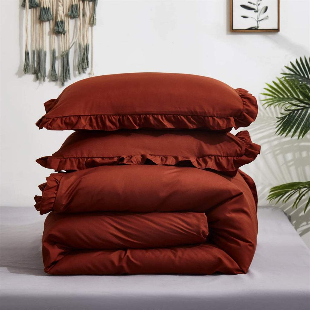 Luxlovery Ruffle Comforter Set King Burnt Orange Farmhouse Caramel Bedding Comforter Set Shabby Chic Cotton Rust Orange Solid Bl
