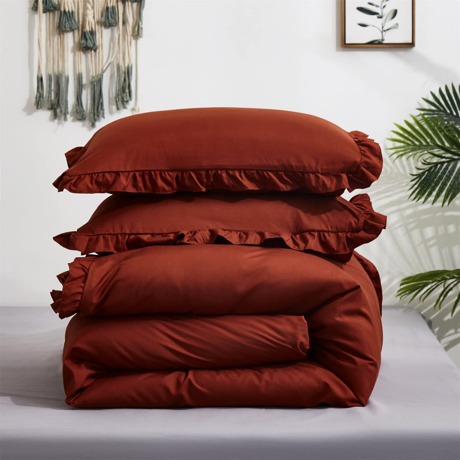 Luxlovery Ruffle Comforter Set King Burnt Orange Farmhouse Caramel Bedding Comforter Set Shabby Chic Cotton Rust Orange Solid Bl