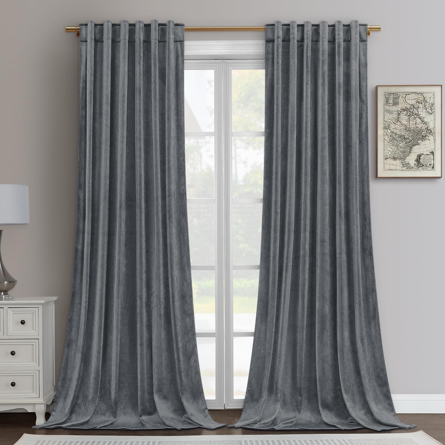 Homeideas Grey Velvet Blackout Curtains 52 X 96 Inches, 2 Panels Gray Room Darkening Curtains/Drapes, Thermal Insulated Pocket B