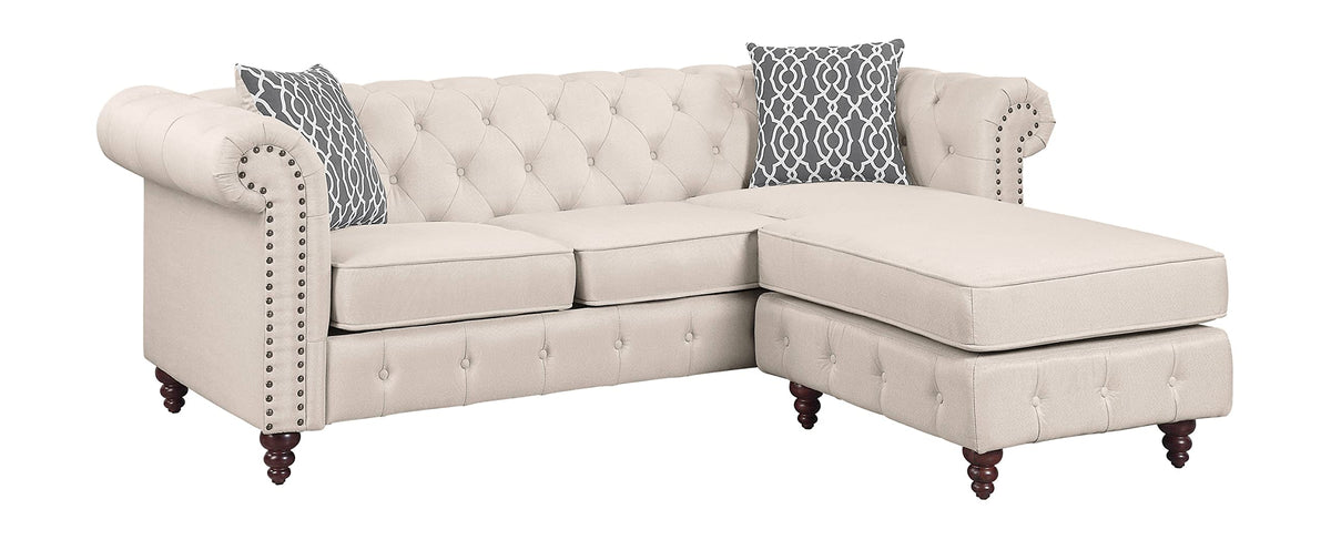 Acme Waldina Tufted Linen Fabric Upholstered Reversible Sectional Sofa in Beige