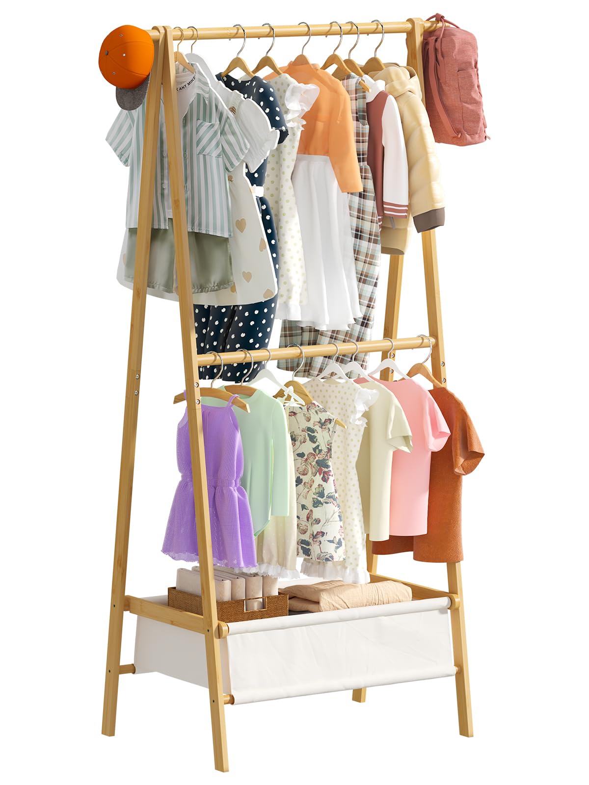Vriccc Kid Dress Up Rack  Clothing Rack with Storage Box, Dress Up Storage, Small Foldable Bamboo Garment Stand with Hanging Ro