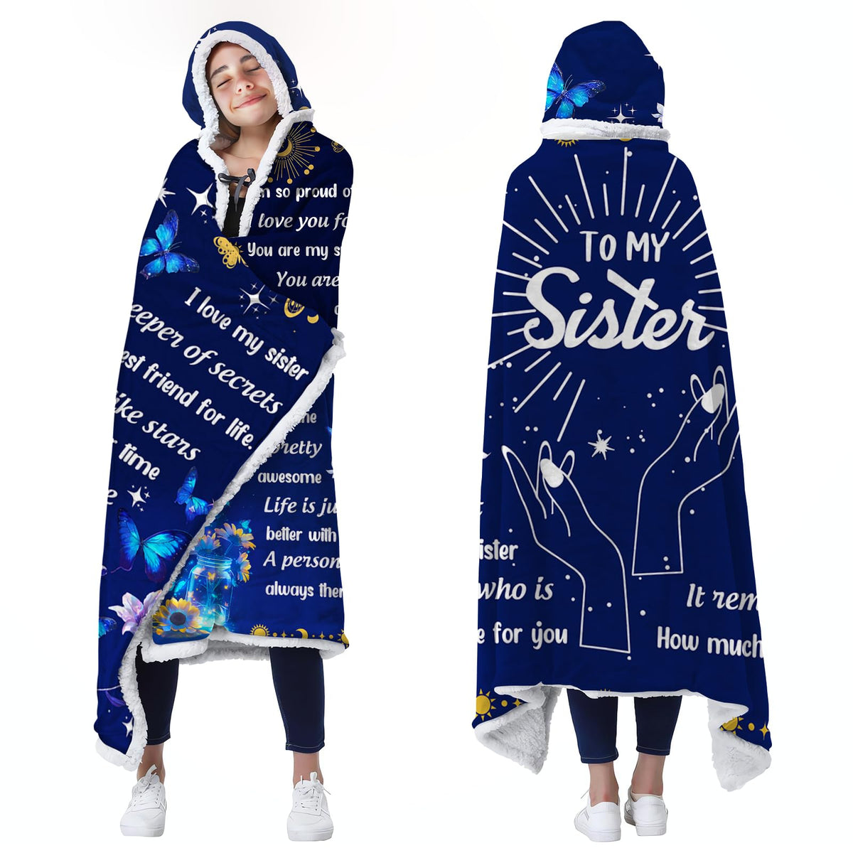 Sister Gifts Wearable Blanket With Hood - Sister Personalized Birthday Gifts From Sister Cousin, Secret Sister Gifts For Women,