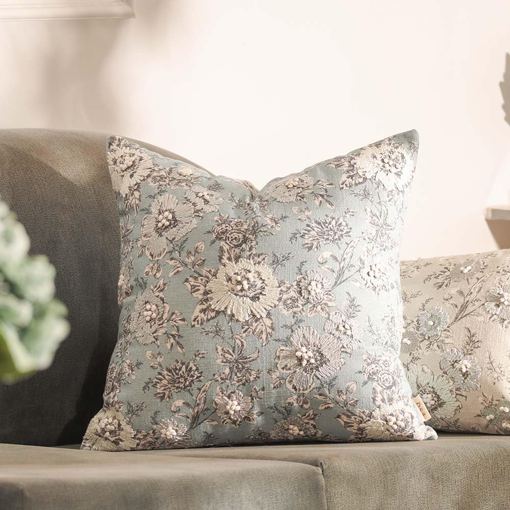 Esq Living Windflower Printed & Embroidered Cotton Cushion Cover 45X45Cm | 100% Cotton Material With Zipper Closure| Bedroom Sof