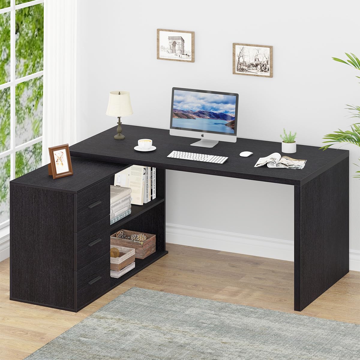 Hsh Black L Desk With Drawers Shelves, Large Reversible L Shaped Desk With Storage Cabinet, Corner Home Office Computer Desk Workstation For Executive Writing Study, Bedroom Living Room Table, 60 Inch