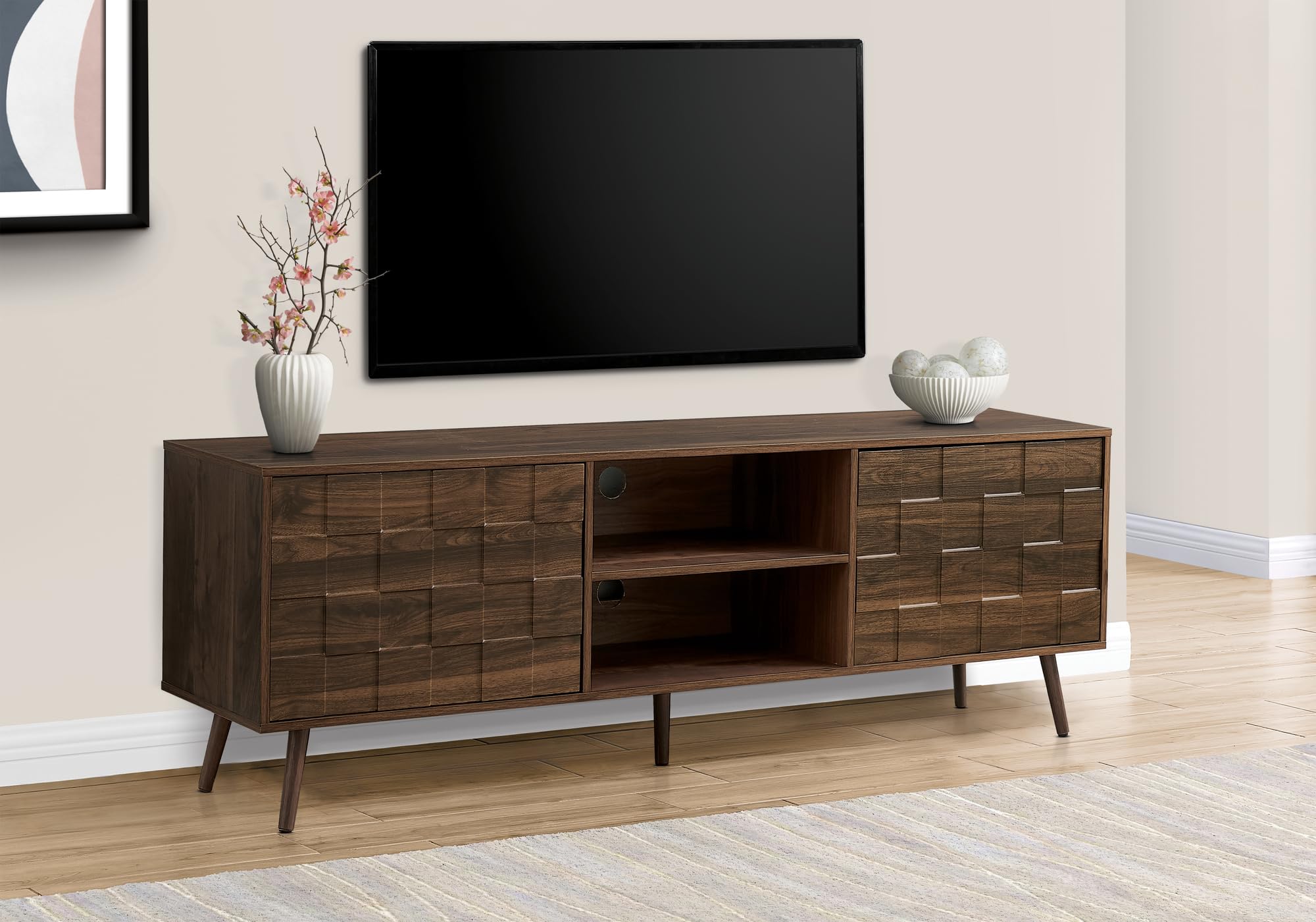 Monarch Specialties I 2787 Tv Stand, 72 Inch, Console, Media Entertainment Center, Walnut, Mid Century