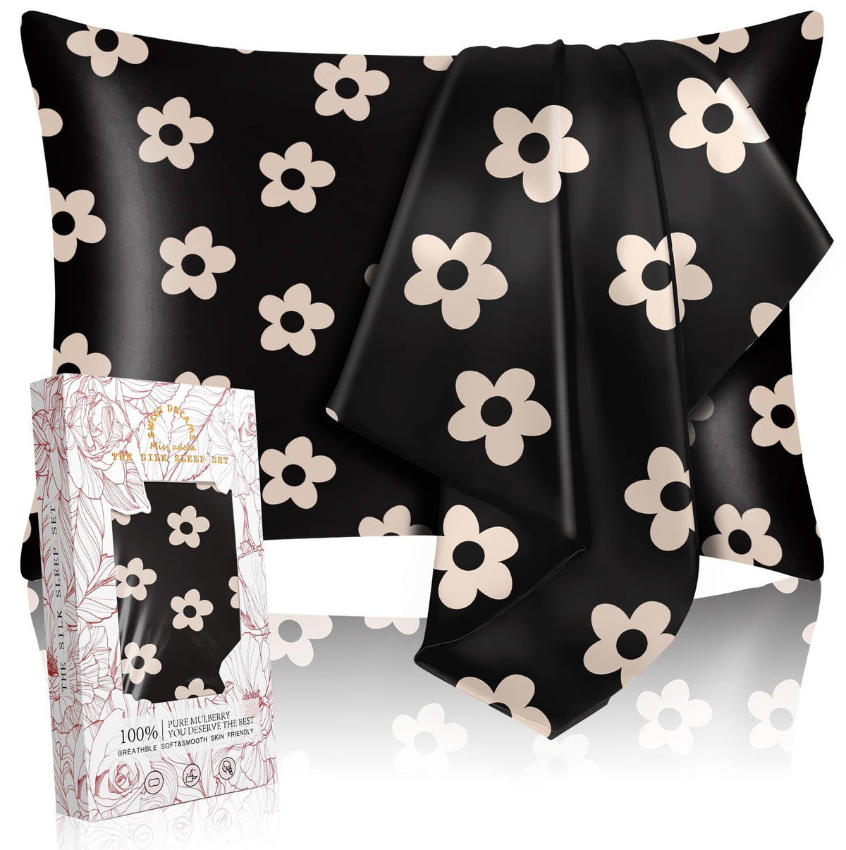 Miss Adola 2 Pack Mulberry Silk Pillow Case For Hair And Skin 19 Momme Standard 26'X20' Black Flower Silk Pillowcase Soft Smoo