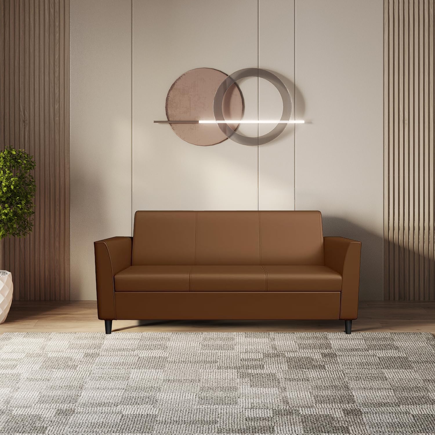 Godrej Interio Sofa Emperor 3 Seater Synthetic Leather Sofa For Living Room, 1Year Warranty, Solid Wood, Toffee