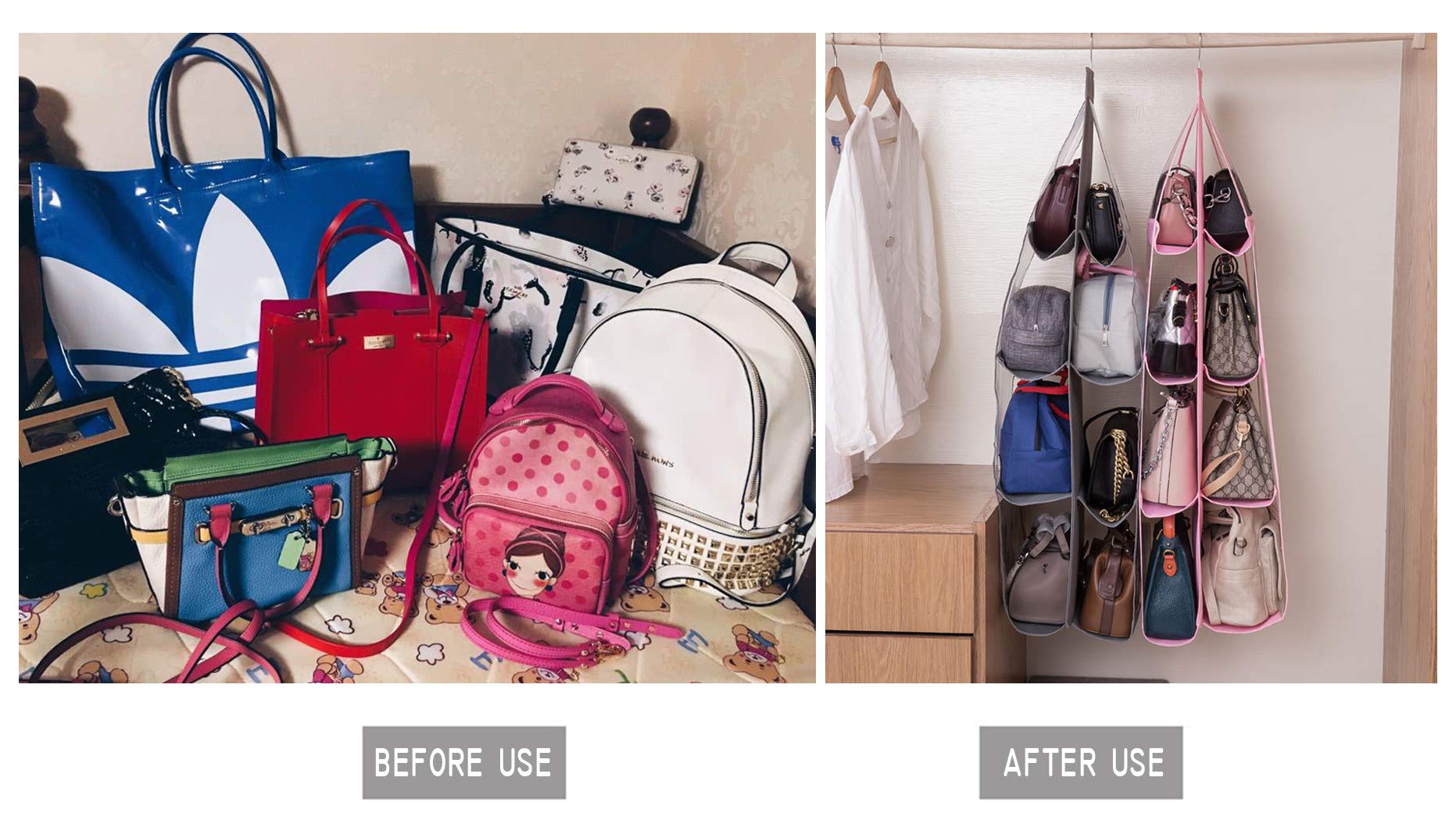 Aarainbow 1 Pack Hanging Handbag Purse Organizer For Closet, 8 Pockets Wardrobe Space Saving Purse Holder, Handbag Storage Bags Hanging, Womens Purse Storage Organizers, 41L X13.5W (B-Dark Gray)