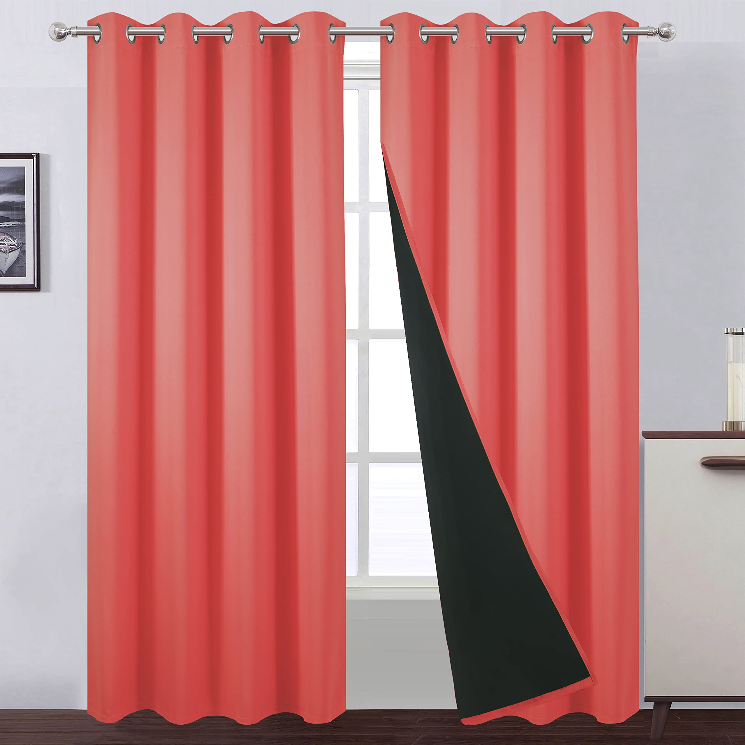 Lemomo 100% Blackout Curtains 52 X 84 Inch/Coral Curtains 2 Panels With Black Lining Room Darkening Thermal Insulated Bedroom Cu