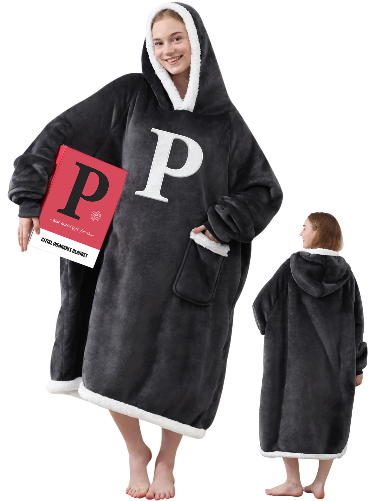 Wearable Blanket Hoodie With Initial A-Z, Oversized Sweatshirt Blanket Hooded Monogrammed Personalized Gifts For Women Girlfrien