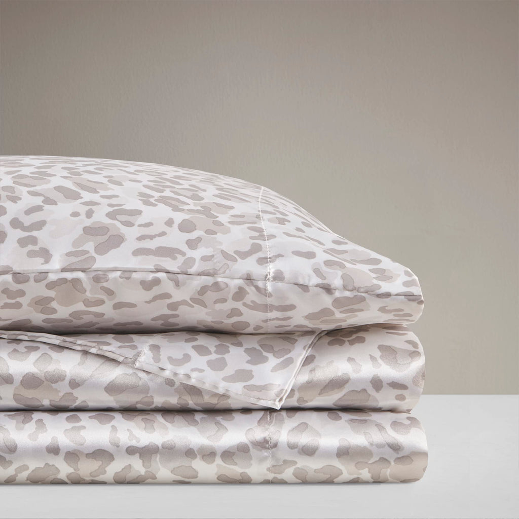 Madison Park Essentials Satin Sheet Set Luxury And Silky With Natural Sheen, Elastic 14' Pocket Fits Up To 16' Mattress, All Around Elastic - Year-Round Bedding, Twin Taupe Leopard 3 Piece