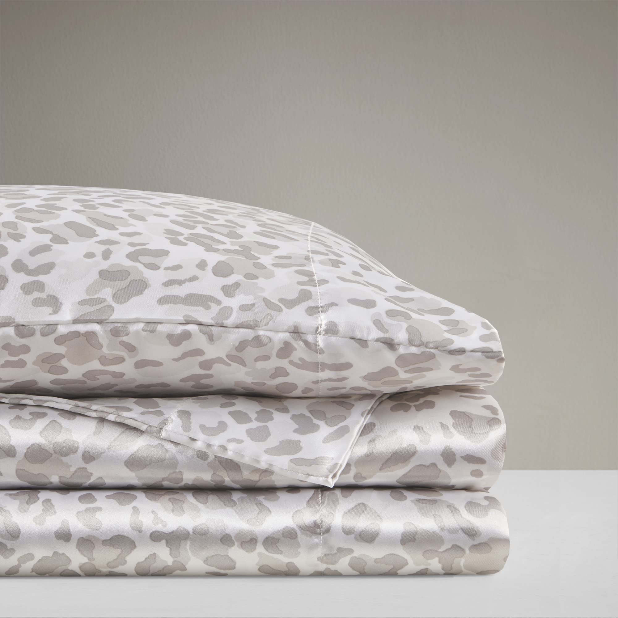 Madison Park Essentials Satin Sheet Set Luxury And Silky With Natural Sheen, Elastic 14' Pocket Fits Up To 16' Mattress, All Around Elastic - Year-Round Bedding, Twin Taupe Leopard 3 Piece