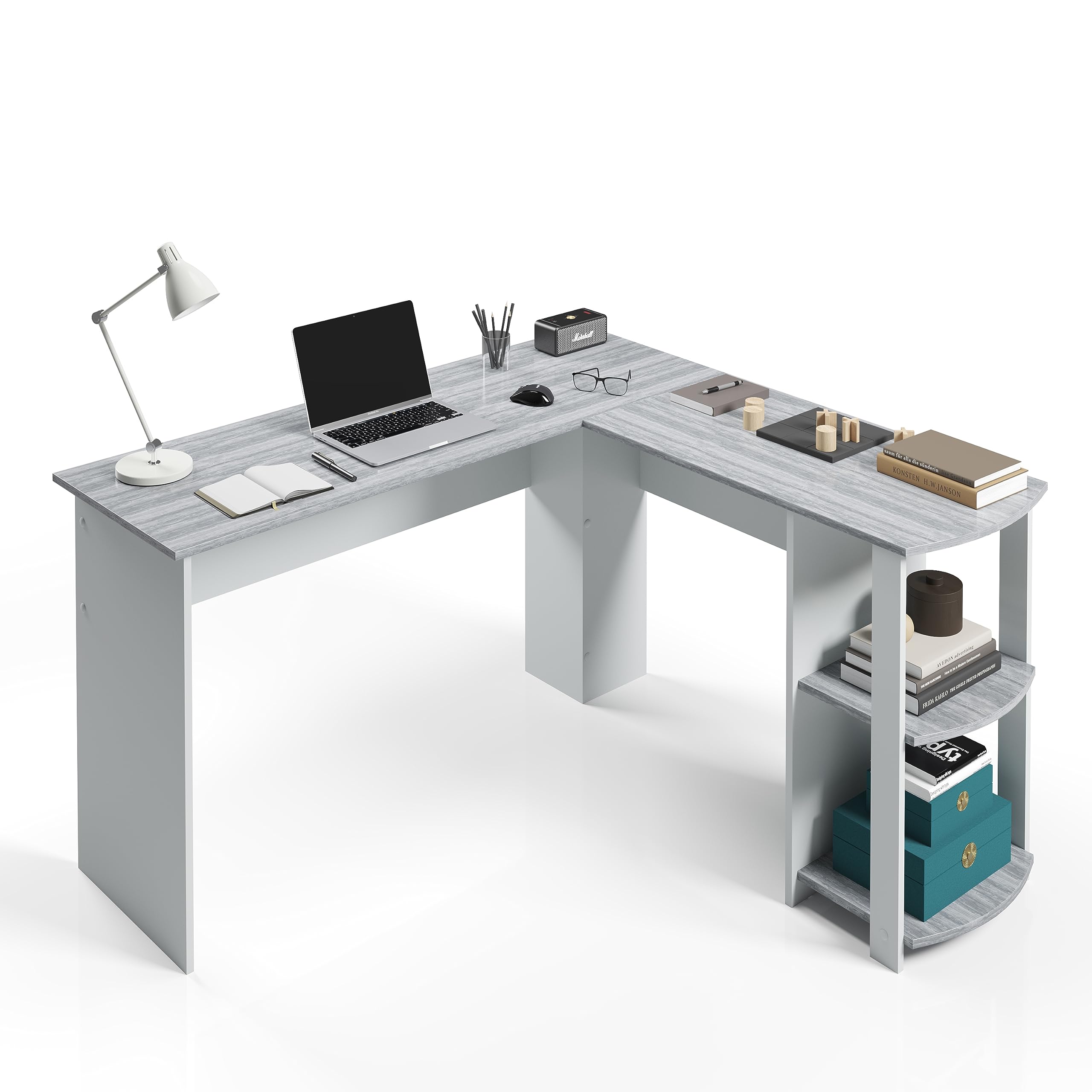 Techni Mobili L Shaped Desk - Modern Computer Desk With Corner Bookshelf & Side Storage Shelves For Home Office Accessories - Elegant, Space-Saving, & Minimalist Executive Table