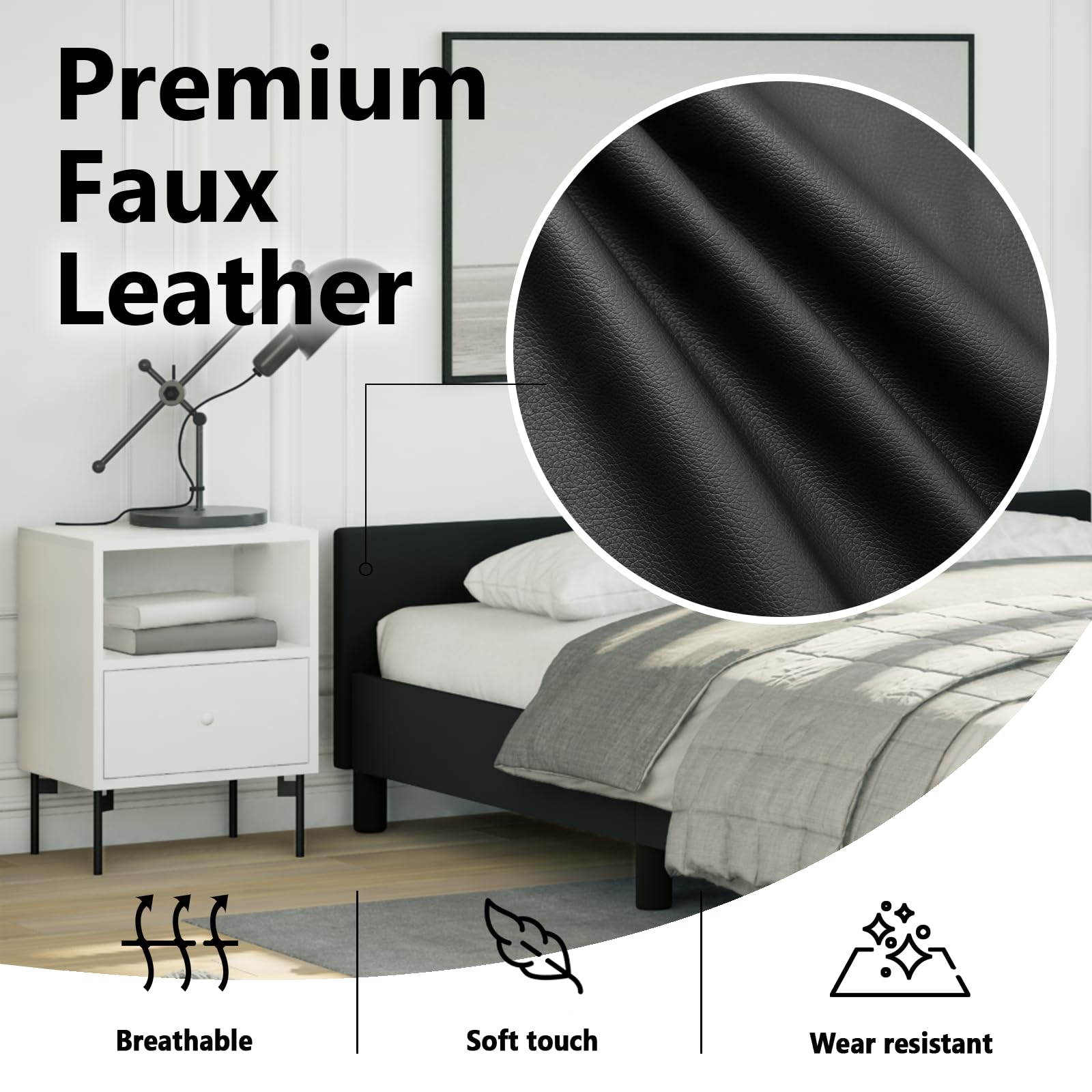 vidaXL Faux Leather Bed Frame Platform Bed, Scandinavian Style/Slats Support/No Box Spring Needed/Without Mattress/Easy Assembly, Black Full Bed