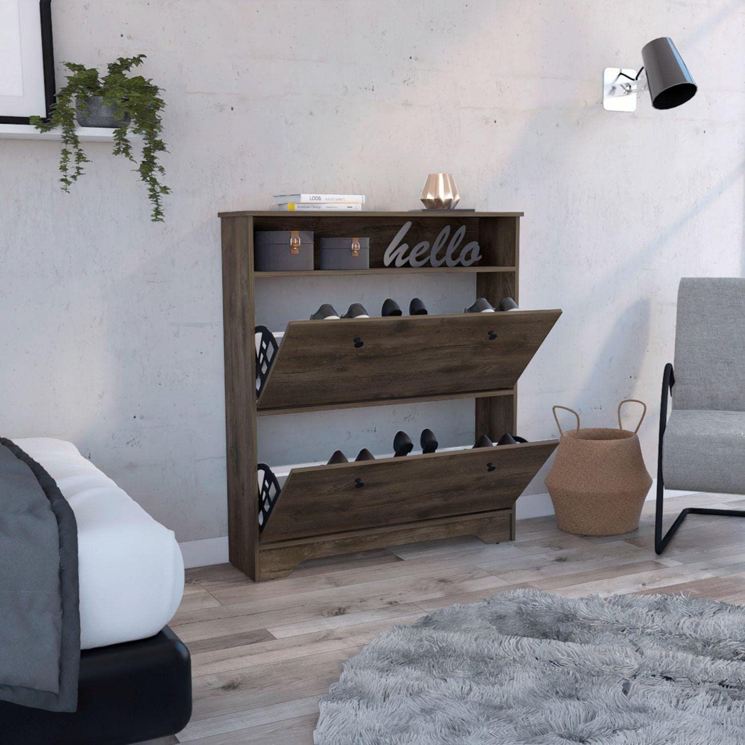 Shoe Rack 46&Quot; H, 1 Open Storage Shelf, 2 Internal Storage Drawers, 2 Doors, Dark Brown