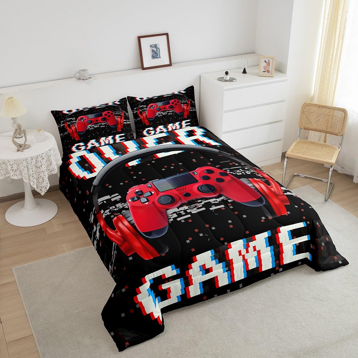 Erosebridal Twin Comforter Set For Boys, Gamer Comforter Gaming Headsets Bedding Sets, Kids Teens Music Game Controller Bedding Comforter Sets, Red Black Quilt Gamer Room Decor