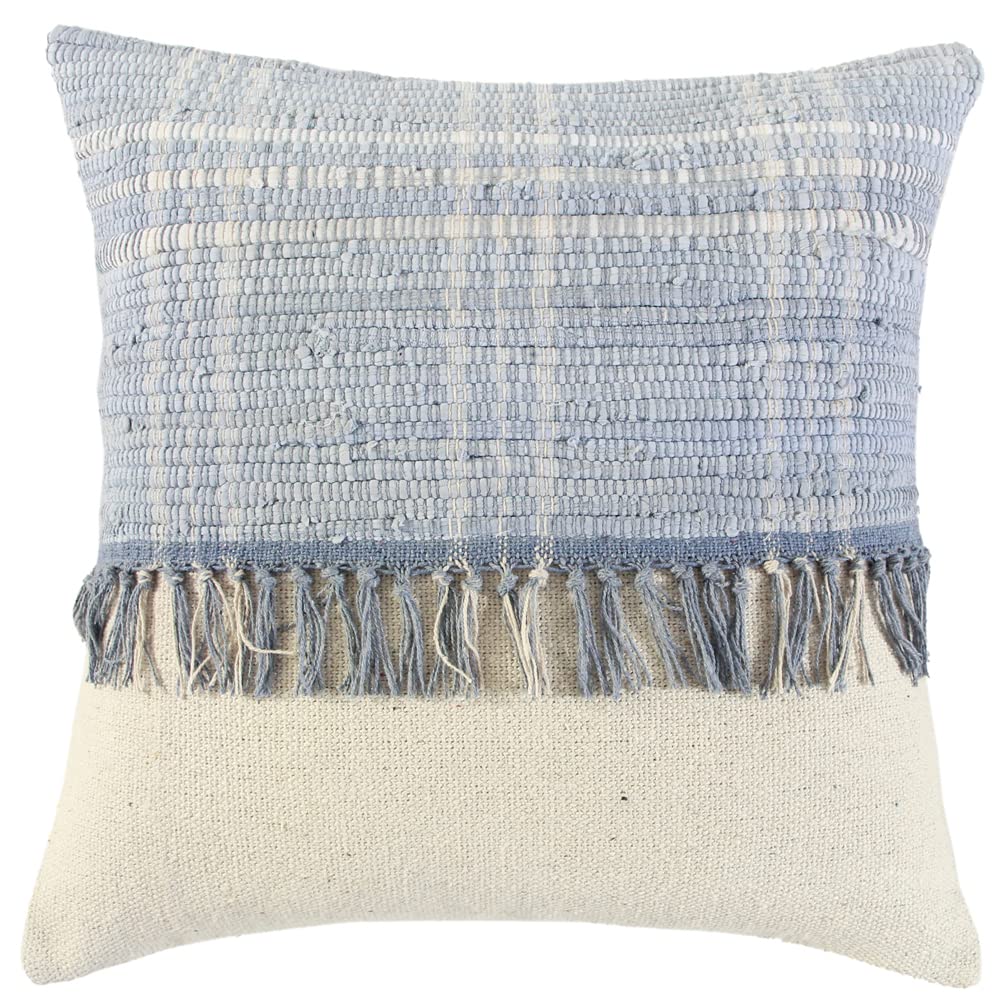 Rizzy Home Color Block 18&quot; Canvas/Denim Pillow W/Poly Fill - Natural/Blue