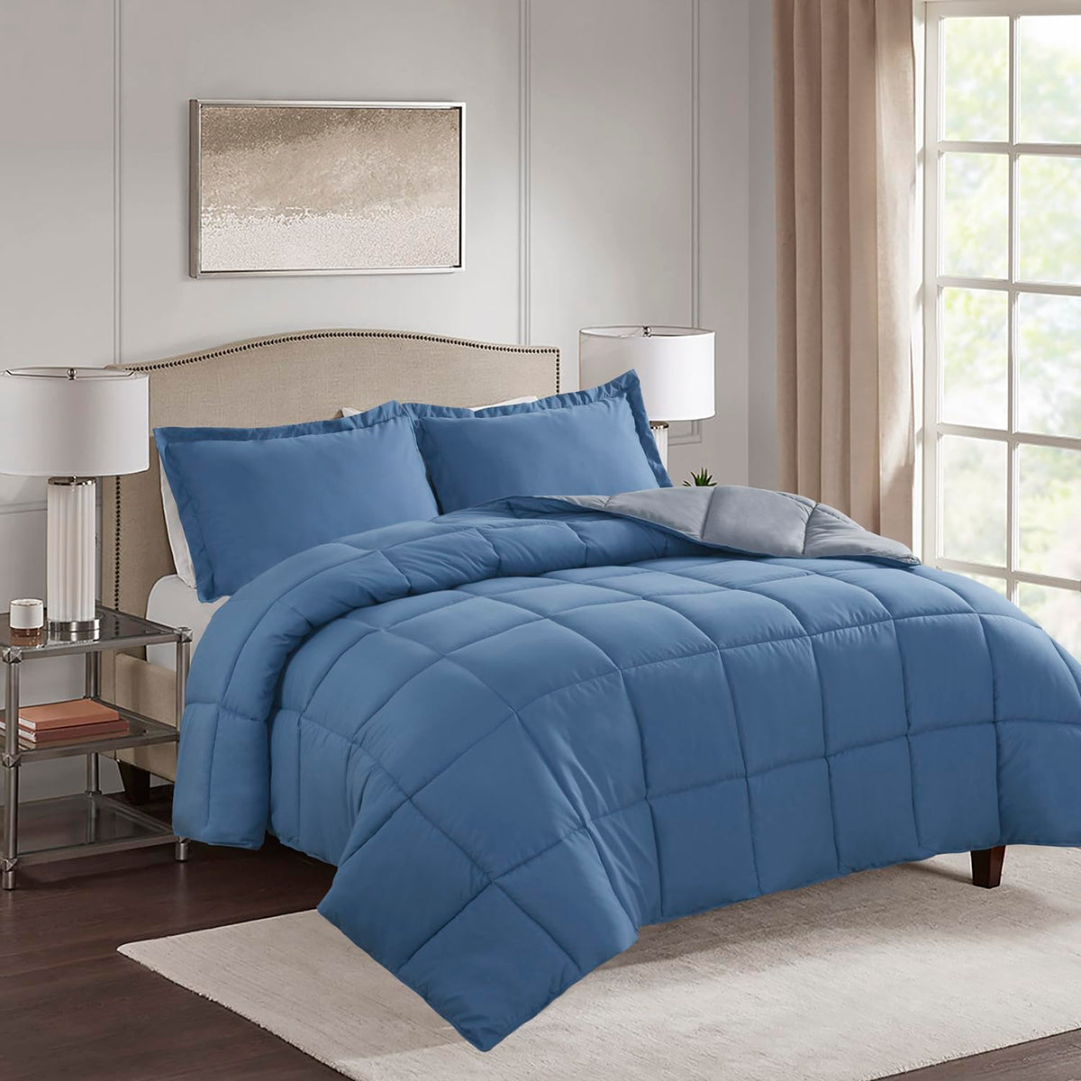 Hig 3Pc Dusty Blue King Size Comforter Set - All Season Reversible Down Alternative Comforter With Sham - Quilted Duvet Insert W