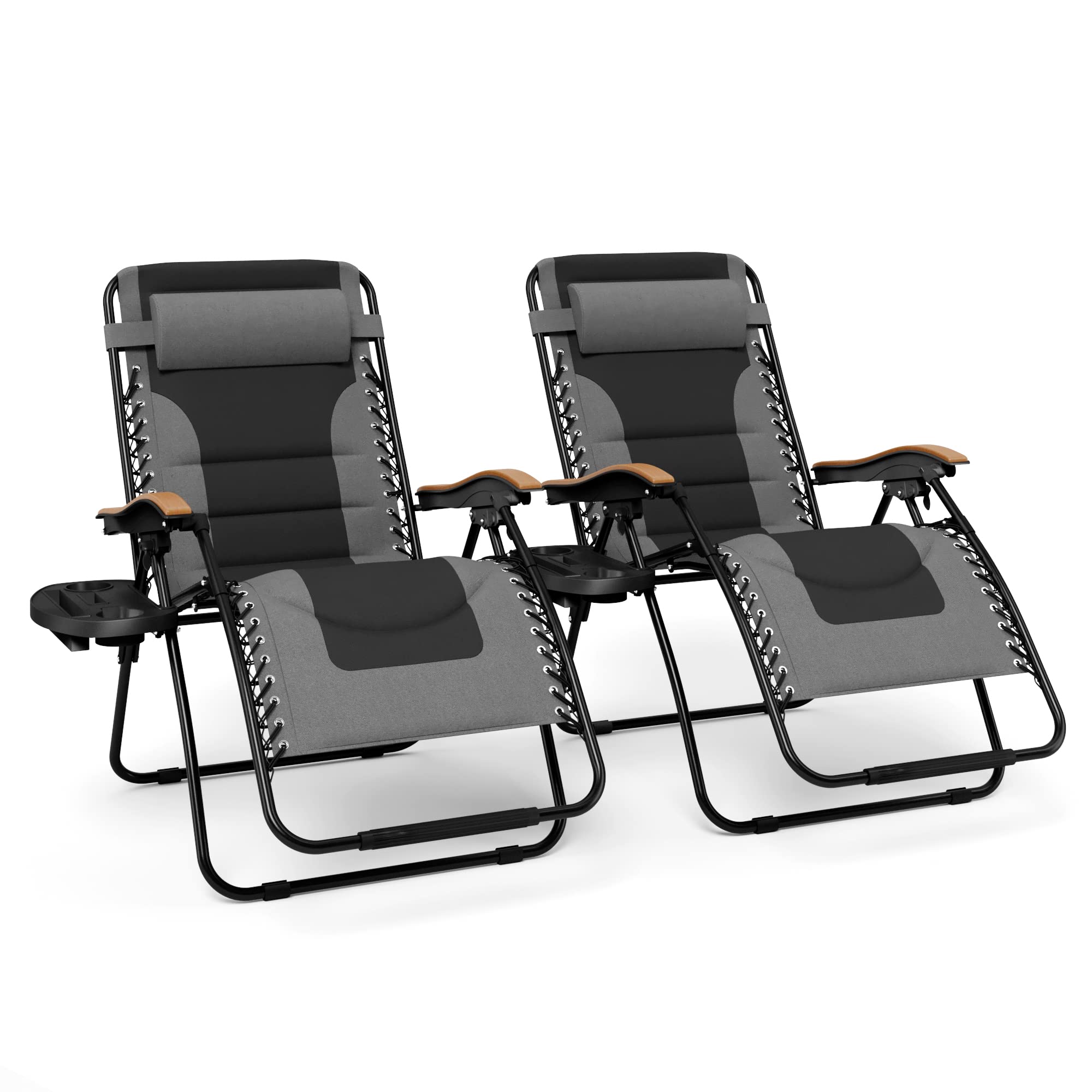Mfstudio Zero Gravity Chairs Set Of 2, Xl Oversized Outdoor Anti Gravity Chair, Patio Lounge Folding Adjustable Chair With Cup Holder & Padded Headrest, Support 400Lbs,Grey