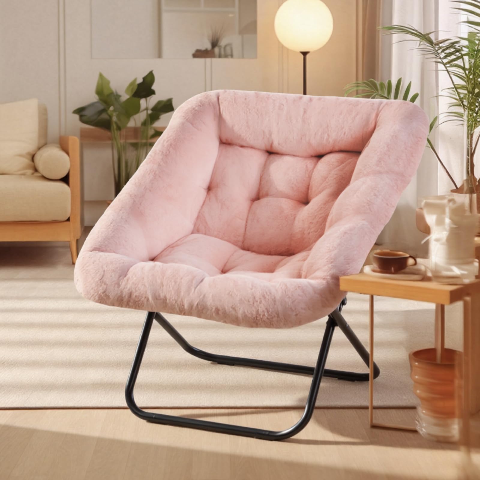 DUMOS Saucer Chair, Foldable Living Room Chairs, Soft Faux Fur Lounge Chair for Bedroom, Reading Chairs for Adults, X-Large (Pin